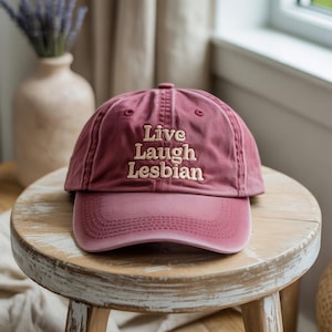 Embroidered Live Laugh Lesbian Corduroy Washed Hat | LGBTQIA+ Pride Baseball Cap | Queer Fashion Washed Cap