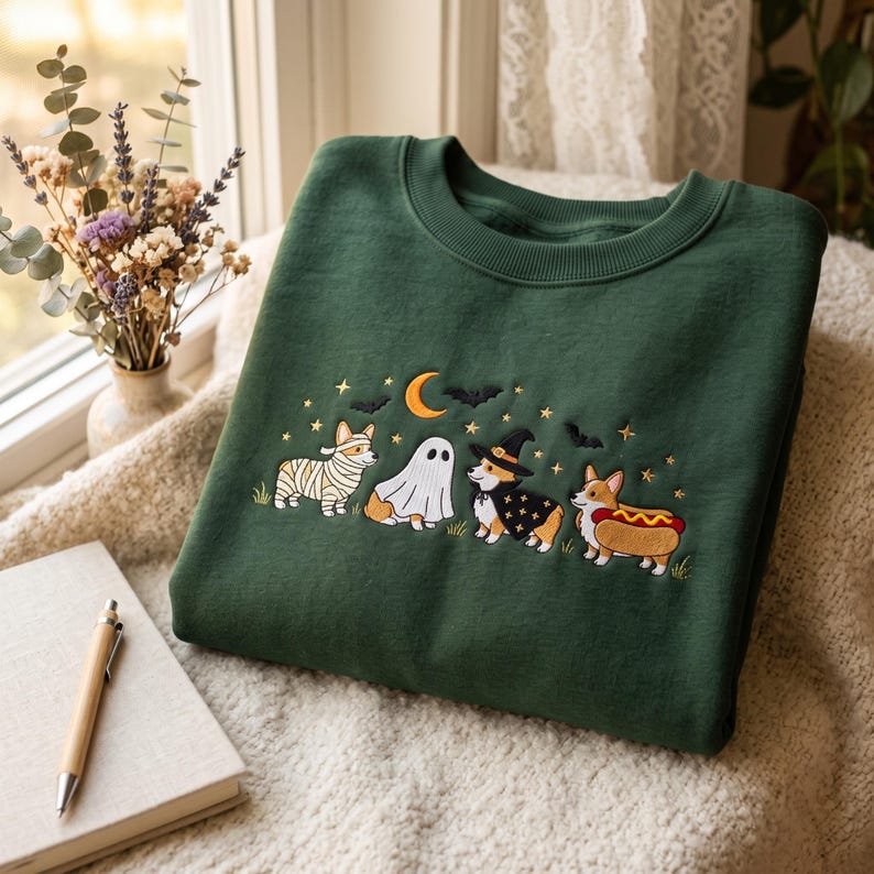 May include: A dark green crewneck sweatshirt featuring an embroidered design of four Corgi dogs in Halloween costumes, including a mummy, a ghost, a witch, and a hot dog, surrounded by a crescent moon, stars, and black bats.