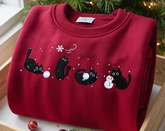 Embroidered Christmas Cat Sweatshirt: Funny Holiday Crew Neck