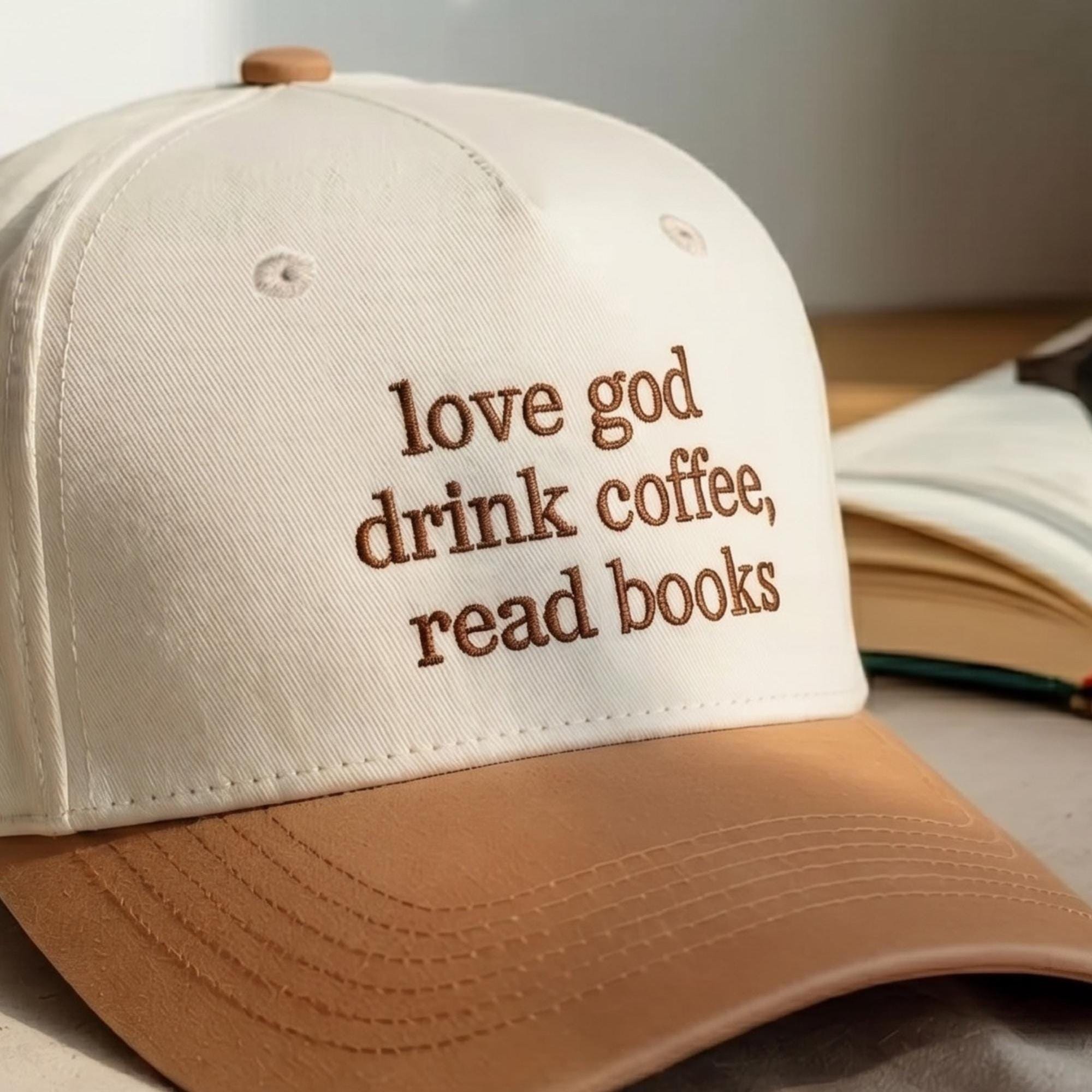 Love God Coffee Books Embroidered Trucker Hat: Christian Reader