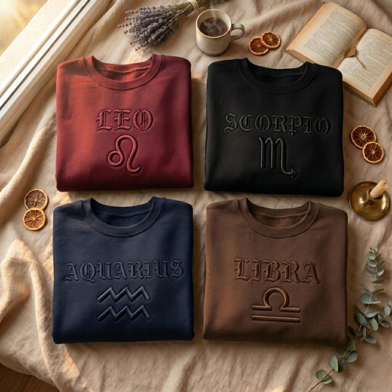 May include: Four crewneck sweatshirts in burgundy, black, navy, and brown, each embroidered with a zodiac sign and its name: Leo, Scorpio, Aquarius, and Libra. The sweatshirts are arranged on a beige surface with decorative items.