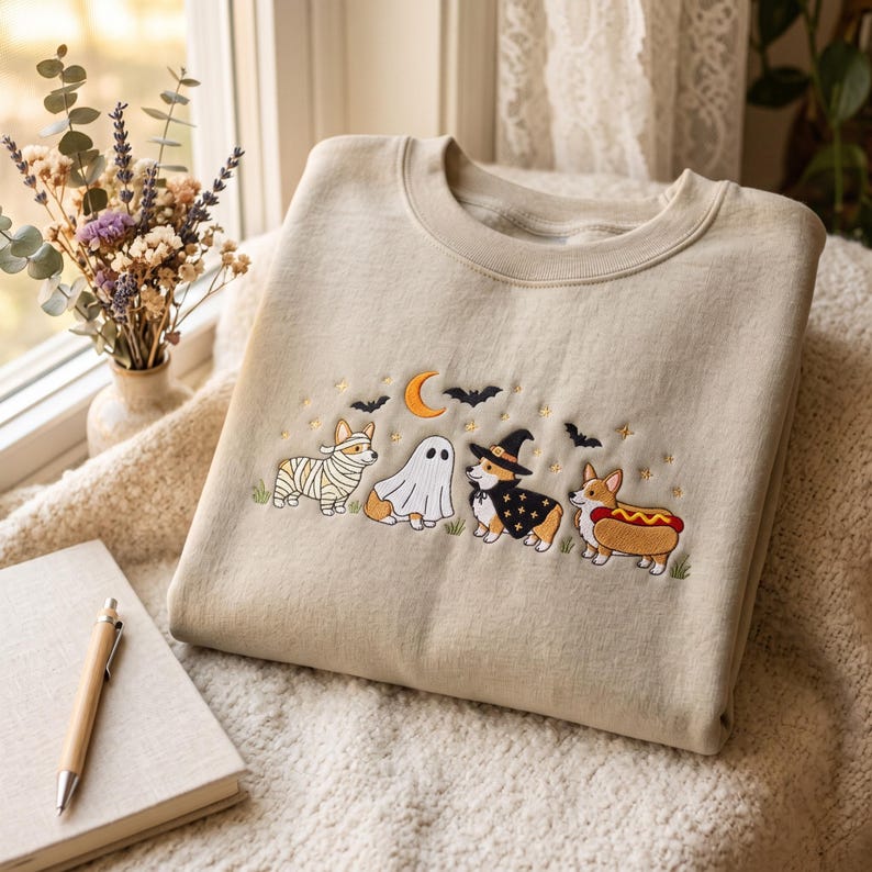 May include: A beige crewneck sweatshirt featuring an embroidered design of four Corgi dogs in Halloween costumes, including a mummy, a ghost, a witch, and a hot dog, accented with a crescent moon, stars, and black bats across the chest area.