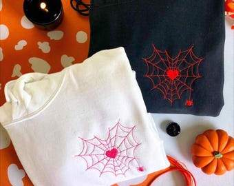 Embroidered Halloween Couple Hoodie: Spider Web Heart Matching Sweatshirts