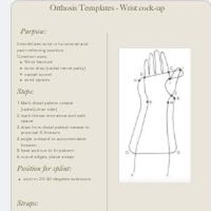 Splinting Templates for Hand Therapy (PT/OT): detailed guides for common splints including purpose, description, steps, & positioning