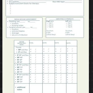 以下が含まれることがあります： 治療の診断、怪我の日付、現在の痛みレベル、PLOF、職業、主観的なクライアントの目標、皮膚と傷の評価、グリップとピンチの強さ、および運動範囲と評価の日付を記録するための表を含む、印刷可能なOT評価テンプレート。
