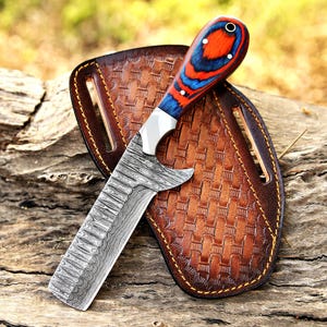 Damascus Bull Cutter Knife With Leather Sheath,Cowboy Knife,Cowboy Bull Cutter,Groomsmen Gift,Gift For Him,Valentine's Day Gift,gift for dad