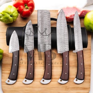 Juego de cuchillos de chef de acero de Damasco, juego de cuchillos de chef de Damasco forjado a mano, cuchillo de cocina, juego de cuchillos para barbacoa de acero de Damasco hecho a mano, regalo para él