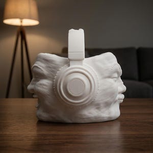 May include: A matte white sculptural planter shaped like two human faces joined back-to-back, featuring a pair of over-ear headphones resting on top of the heads. The vessel has a textured surface and a hollow center for holding small items.