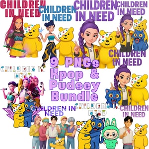 Op de afbeelding: Een digitale kunstbundel met Kpop-sterren en Pudsey Bear-personages. De afbeelding bevat de tekst "CHILDREN IN NEED" en "9 PNGs Kpop & Pudsey Bundle". De illustraties zijn kleurrijk en cartoonachtig, met verschillende poses en outfits.