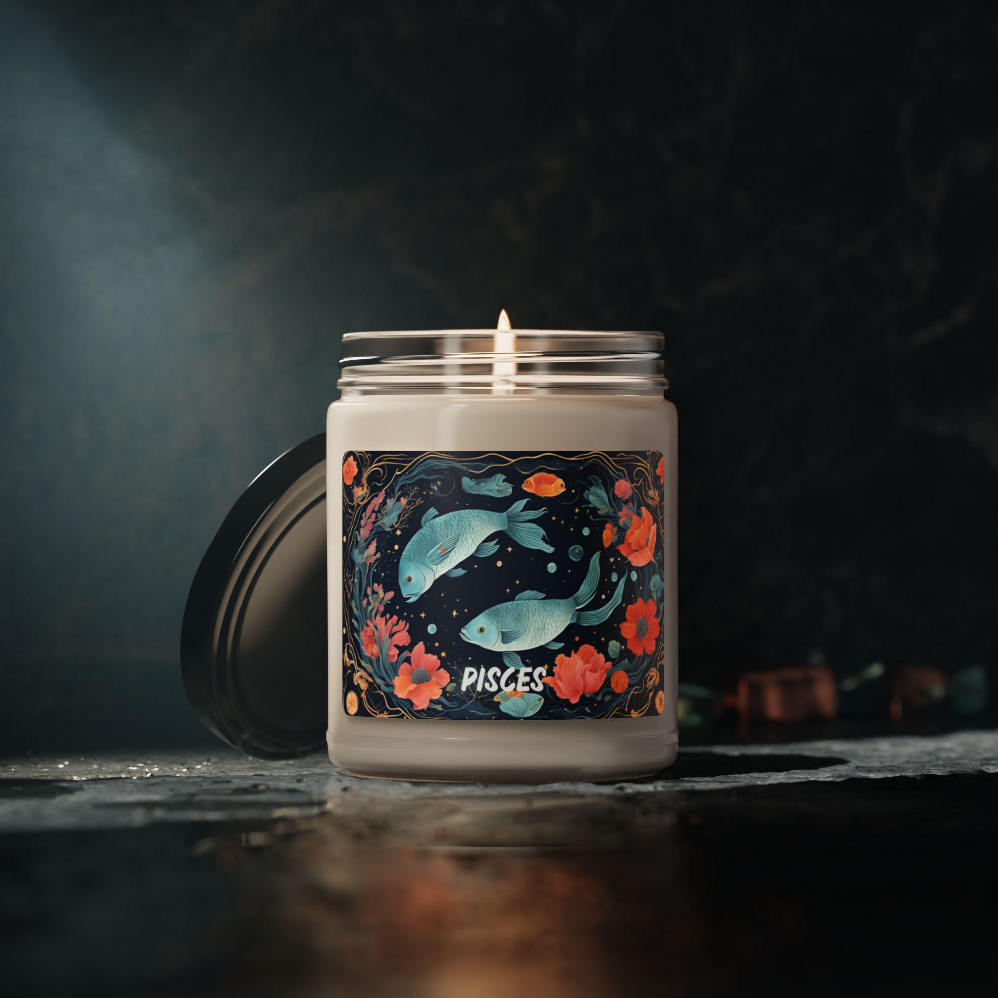 Candela Profumata Artigianale Zodiaco Pesci, 255g (9oz), 50 Ore Di Durata, Regalo Per Donne Del Segno Dei Pesci