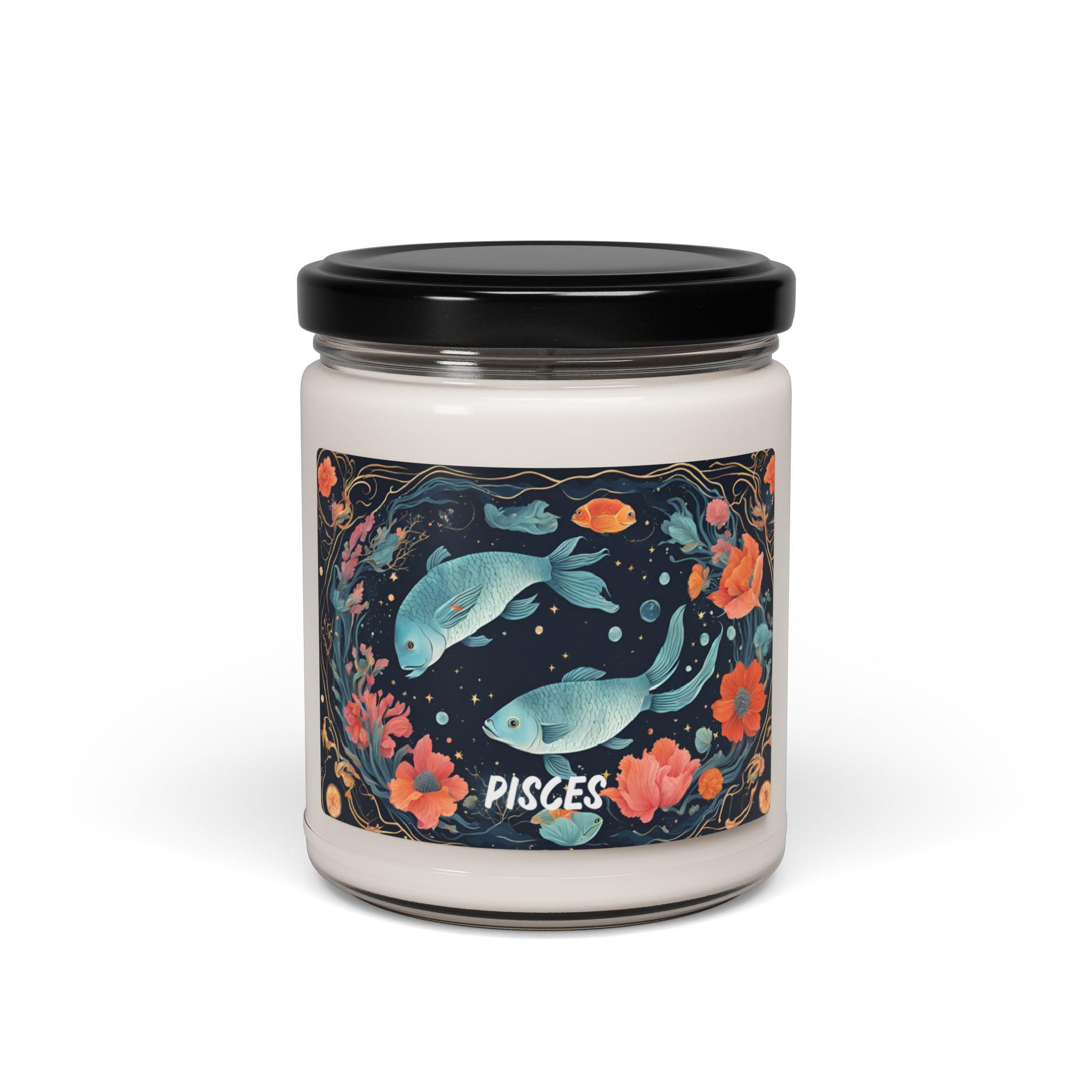 Candela Profumata Artigianale Zodiaco Pesci, 255g (9oz), 50 Ore Di Durata, Regalo Per Donne Del Segno Dei Pesci