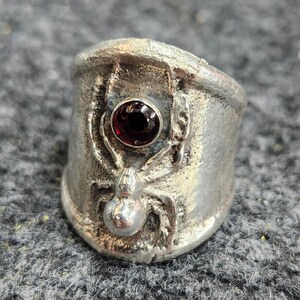 Op de afbeelding: Een zilveren ring met een getextureerde afwerking, met een gedetailleerd spinnenontwerp. De ring heeft een prominente, ronde, donkerrode edelsteen in het midden. Het ontwerp van de ring is artistiek en uniek.