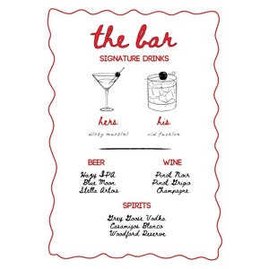 La carte du bar - rouge, plaque signature pour mariage, menu du bar original