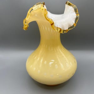 Vintage Fenton Honey Amber Cased Glass Vase: Bubble Optic Ruffled Rim