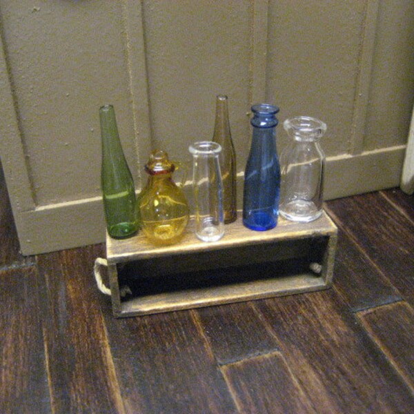6 Glass BOTTLE Collection in Primitive Miniature Dollhouse Box