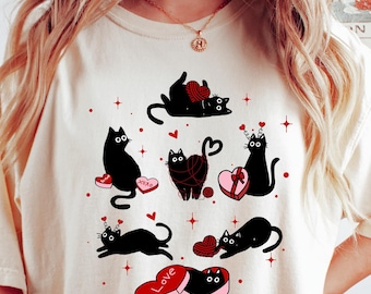 Valentine Cat Shirt, Black Cat Shirt, Comfort Colors, Love Apparel, Valentines Day Tee, Gift For Darling, Heart Shirt, Xoxo Shirt, Lover Tee