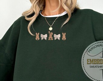 Embroidery Bunny Sweatshirt, Easter Bow Hoodie, Rabbit Ribbon Wear, Easter Kid Sweatshirt, Woman Easter Wear, Embroidered Easter Gift