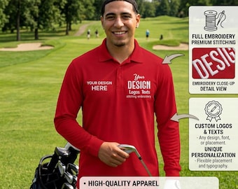 May include: A red long-sleeve polo shirt featuring a collar and button placket. The chest area displays the text YOUR DESIGN HERE and YOUR DESIGN Logos Texts stitching embroidery. The shirt is shown with a golf bag and club in the background.