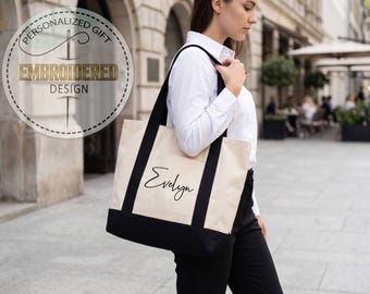 Personalized Embroidered Tote Bag Custom Name | Bridesmaid Gift Bachelorette Wedding Birthday Graduation Summer Canvas Beach Bag