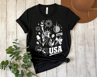Camiseta estilo collage retro de EE. UU. de 1776, camiseta gráfica patriótica de la Estatua de la Libertad