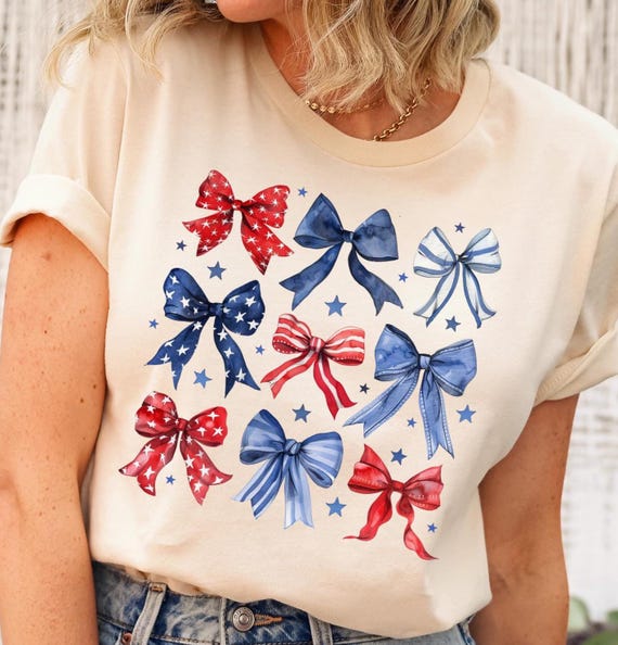 American Bow Shirt, Watercolor Bow Tee, July 4th Shirt, USA Ribbon Shirt, Stars Stripes Tee, Celebration Gift, Woman USA Wear, Patriotic Tee