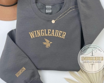 Embroidery Wingleader Sweatshirt, Embroidered Dragon Hoodie, Rider On Sleeve, Fourth Wing Wear, Onyx Storm Hoodie, Iron Flame Sweatshirt