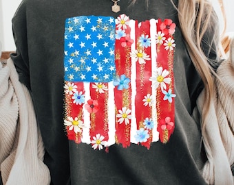 Floral USA Shirt, USA Flag Shirt, July 4th Shirt, Comfort Colors, American Girl Tee, Stars Stripes Tee, American Flowers Tee, Freedom Shirt