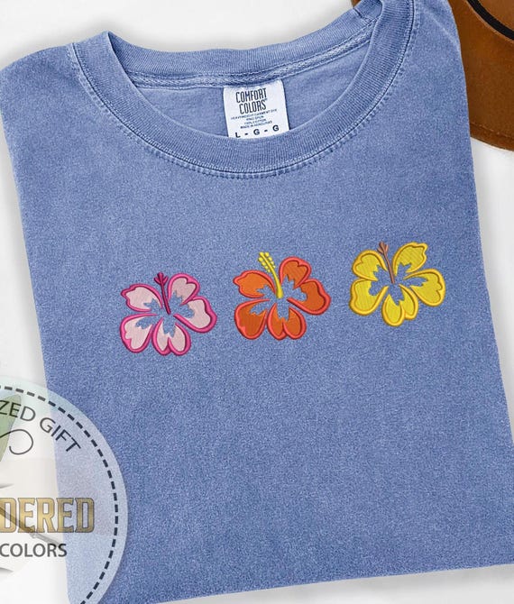 Embroidery Hibiscus Shirt, Floral Gift Shirt, Comfort Colors Tee, Spring Shirt, Flowers Shirt, Summer Vacation Tee, Floral Woman Shirt