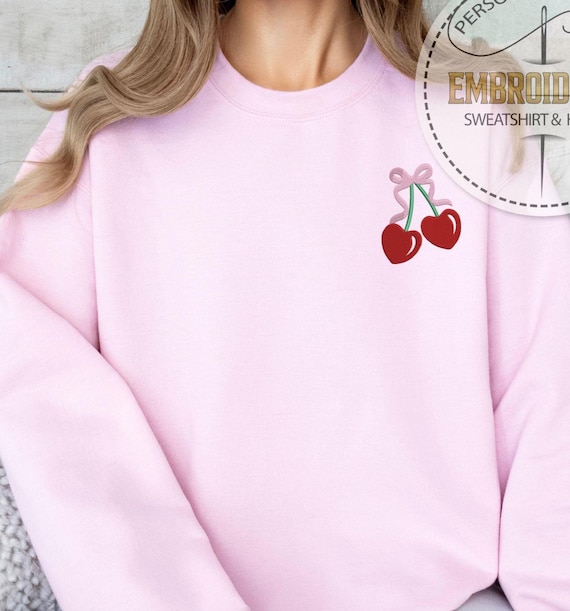 Embroidery Cherry Sweatshirt, Cherry Woman Hoodie, Cherry Girl Apparel, Summer Sweatshirt, Embroidered Women Wear, Spring Vibes Hoodie