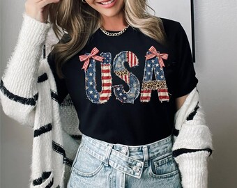 USA Faux Patchwork Shirt Women 4th of July Leopard Print Tee | Patriotic Boho Country American Flag Summer Top Vintage Western Cowgirl Tee