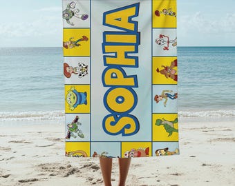Personalized Toy Story Beach Towel Custom Name | Woody Buzz Lightyear Kids Summer Pool Gift