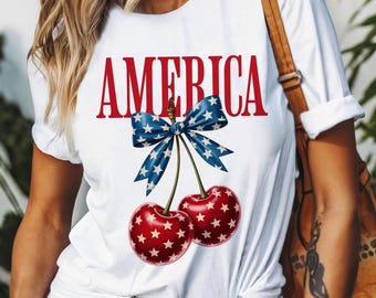 4th of July Cherry Shirt Women | Patriotic America Graphic Tee | Red White Blue Retro Vintage Stars Bow Independence Day Gift USA Flag Tops