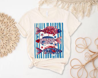 Patriotic Fish Shirt 4th of July Fishing Tee | Folk Art American Flag Bass Stars Stripes Independence Day Gift Men Women Angler USA Pride