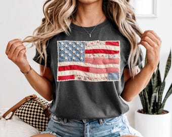 Faux Patchwork American Flag Comfort Colors Shirt, 4th of July Women Tee, Faux Quilt Patriotic Farmhouse USA Gift, Stars Stripes Summer Top