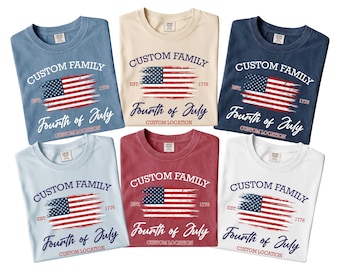 Custom Fourth of July Family Shirt Personalized Matching Patriotic Tee | Distressed Flag Comfort Colors | Est 1776 Reunion Gift USA Pride