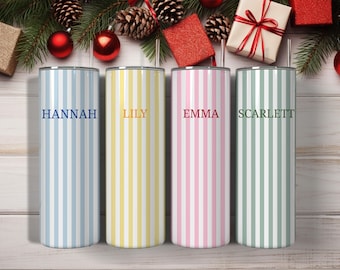 Personalized Sage Green Tumbler Custom Name | Preppy Stripe Skinny Cup Bridesmaid Birthday Graduation Gift for Her Best Friend Sister Mom