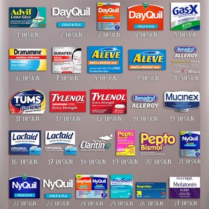 May include: A collage of 27 different over-the-counter medications and health products, including cold and flu remedies, pain relievers, allergy medications, and digestive aids. The products are arranged in a grid pattern with each product labeled with a number and the words "DESIGN".