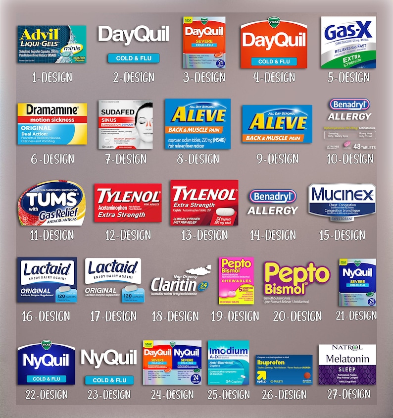 May include: A collage of 27 different over-the-counter medications and health products, including cold and flu remedies, pain relievers, allergy medications, and digestive aids. The products are arranged in a grid pattern with each product labeled with a number and the words "DESIGN".