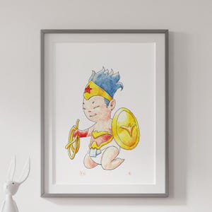 Baby Supereroi con ciuccio - Acquerelli - Stampe per bambini - Baby Art personalizzata su commissione -
