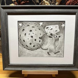 Mouse Cheese Moon Cartoon Character Graphite Pencil Art Sketch Drawing Print Picture Limited Edition ~ Titled 'Cheese Run' by David Allen