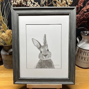 May include: A framed pencil drawing of a gray rabbit with long ears. The rabbit is looking directly at the viewer. The frame is gray and has a white mat.