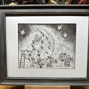 Mouse Mice Cheese Cartoon Character Graphite Pencil Art Sketch Drawing Print Picture Limited Edition ~ 'Cheddar Moon Bandits' by David Allen