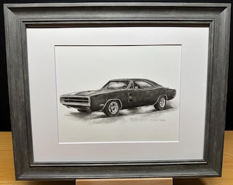 1970 Dodge Charger Car Graphite Pencil Art Sketch Drawing Print Picture Limited Edition ~ Titled 'The One In Charge' by David Allen