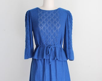 Vtg Beautiful Blue Crochet Knit Peplum Skirt Set S/M