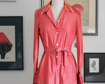 Vtg Red Polka Dot Tie Waist Poly Disco Top S