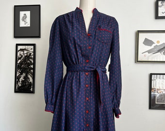 Vtg Blue & Red Stripe Shrader Sport Tie Waist Dress S