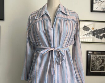 Vintage Blue Multi Stripe Cotton Bell Sleeve Tie Waist Tunic Top M/L