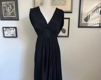 Vtg Black Jody T Crystal Pleated Glam Maxi Dress S/M