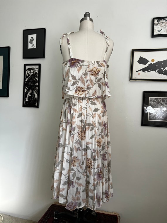 Vintage Ivory Floral Pleated Summer Dress M - image 3