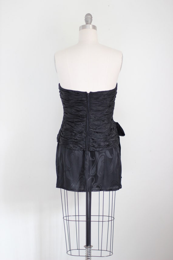 Vtg Black Silk Jacquard strapless Ruched Mini Dre… - image 2